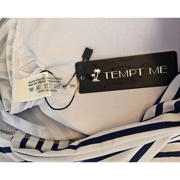 Womens Striped One-Shoulder Swimsuit With Bikini Bottoms 18W Navy/White Tempt Me - Picture 5 of 9